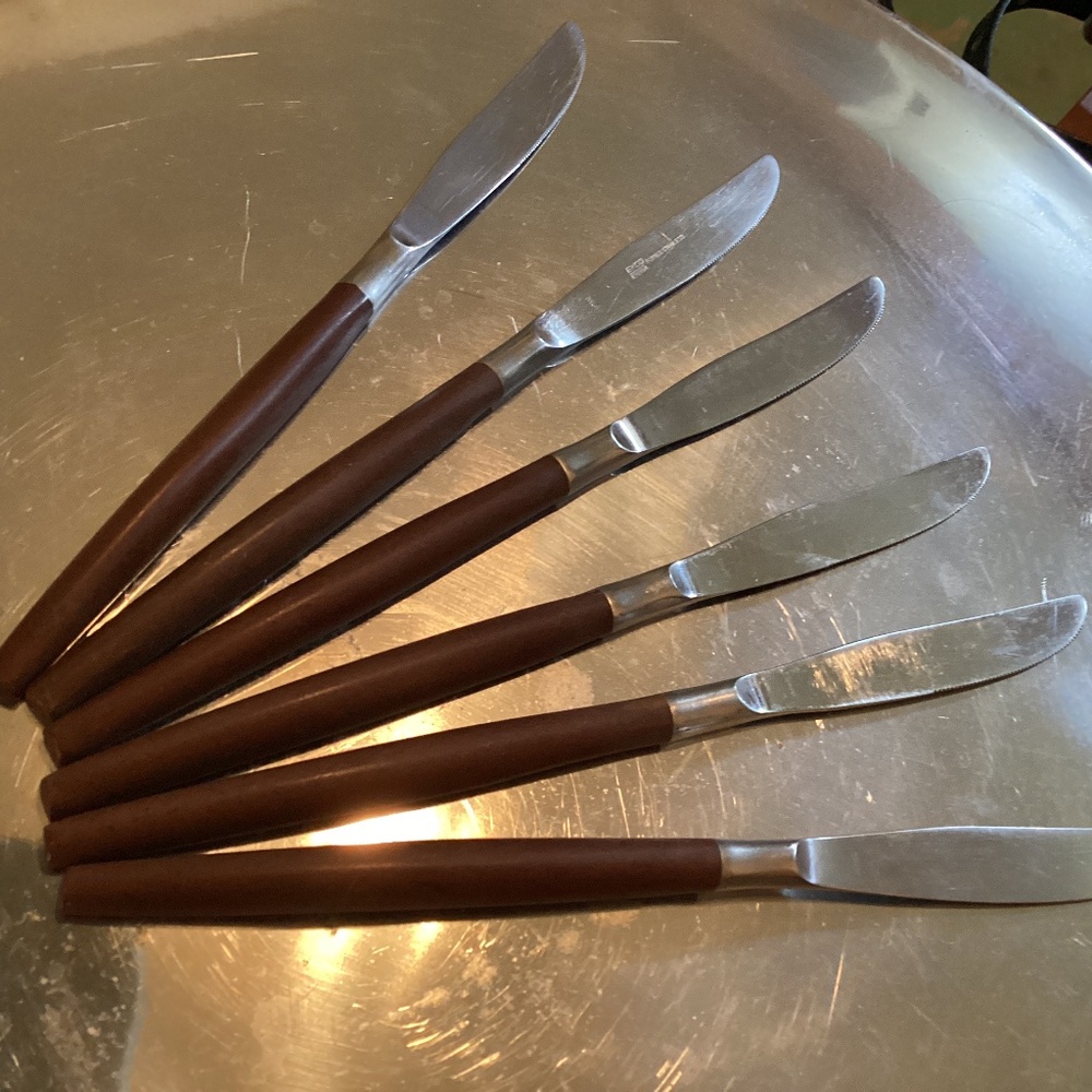 SET OF 6 VINTAGE ECKO ETERNA FORGED STAINLESS SLEEK SHAPE WOOD HANDLE KNIVES